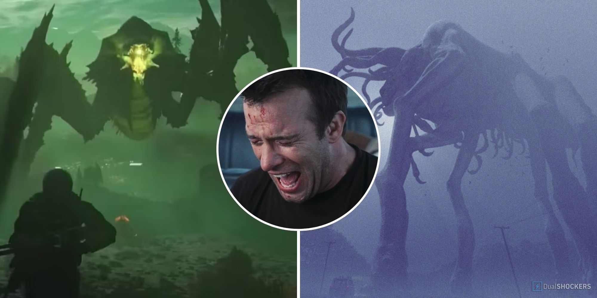 Split image showing a Bile Titan from Helldivers 2, a circle image of Thomas Jane and a misty image of a Behemoth creature from The Mist,