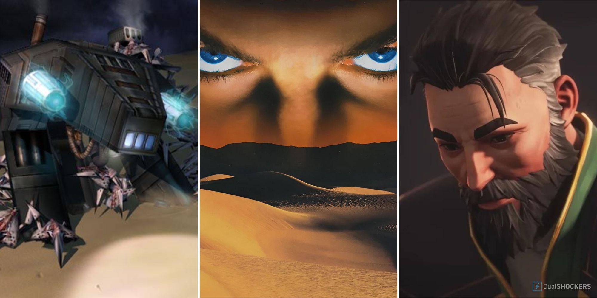 Split image showing a black machine from Emperor: Battle for Dune, blue Spice eyes from Dune 2000, and a man from House Atreides from Dune Spice Wars