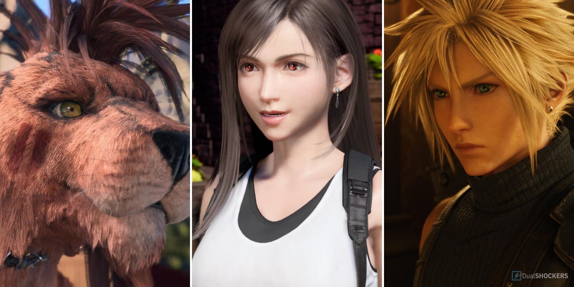 Split image of a close up of Red XIII's face, Tifa in a white top, and Cloud looking concerned from Final Fantasy 7 Rebirth