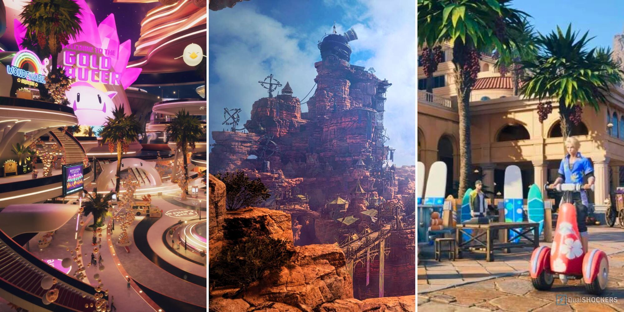 Split image of the Gold Saucer, Cosmo Canyon, and Costa del Sol from Final Fantasy 7 Rebirth
