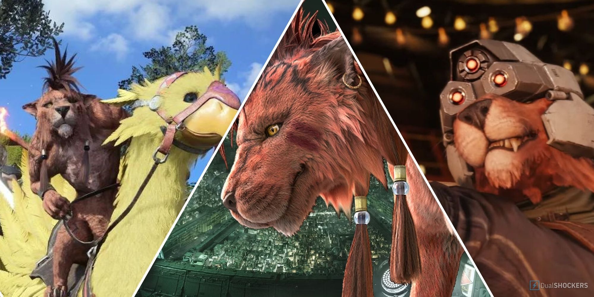 Split image of Red XIII riding a chocobo, a close up of the lion's head against Midgar, and the character wearing a Shinra uniform from Final Fantasy 7 Rebirth