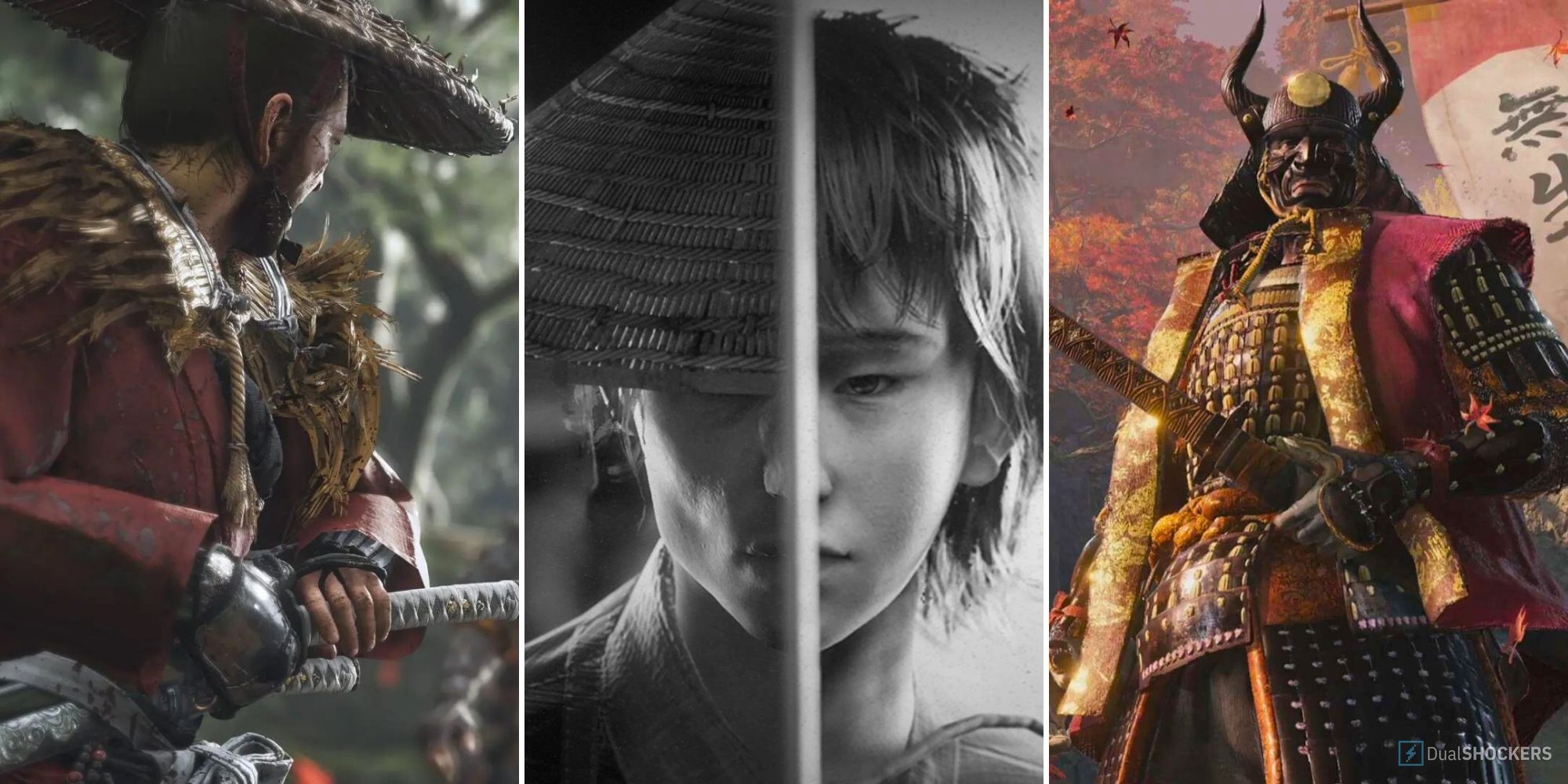 Split image showing the protagonists from Ghost of Tsushima, Trek to Yomi, Sekiro Shadows Die Twice set in Feudal Japan.