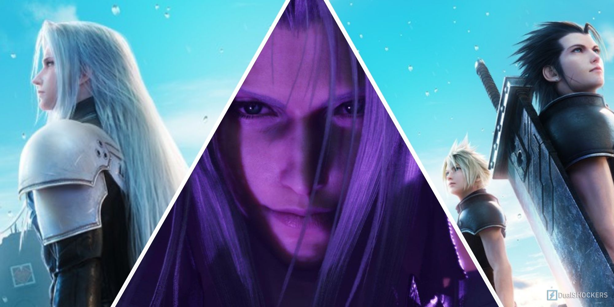 Split image of the Crisis Core Final Fantasy 7 Reunion official image with Cloud, Sephiroth and Zack and another purple image of Sephiroth in the middle.