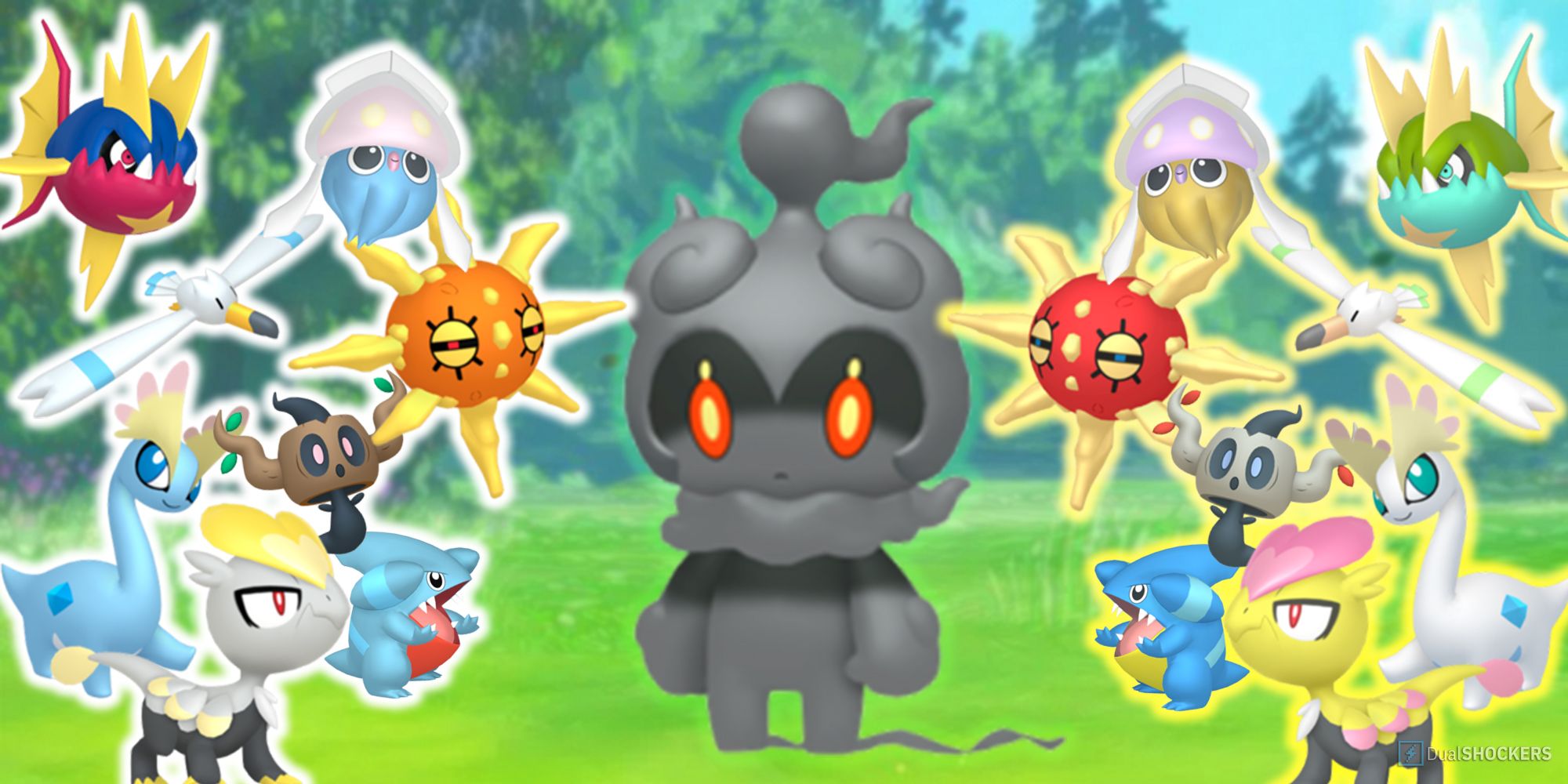 Marshadow in Pokemon GO surrounded by several Pokemon and their shiny forms.