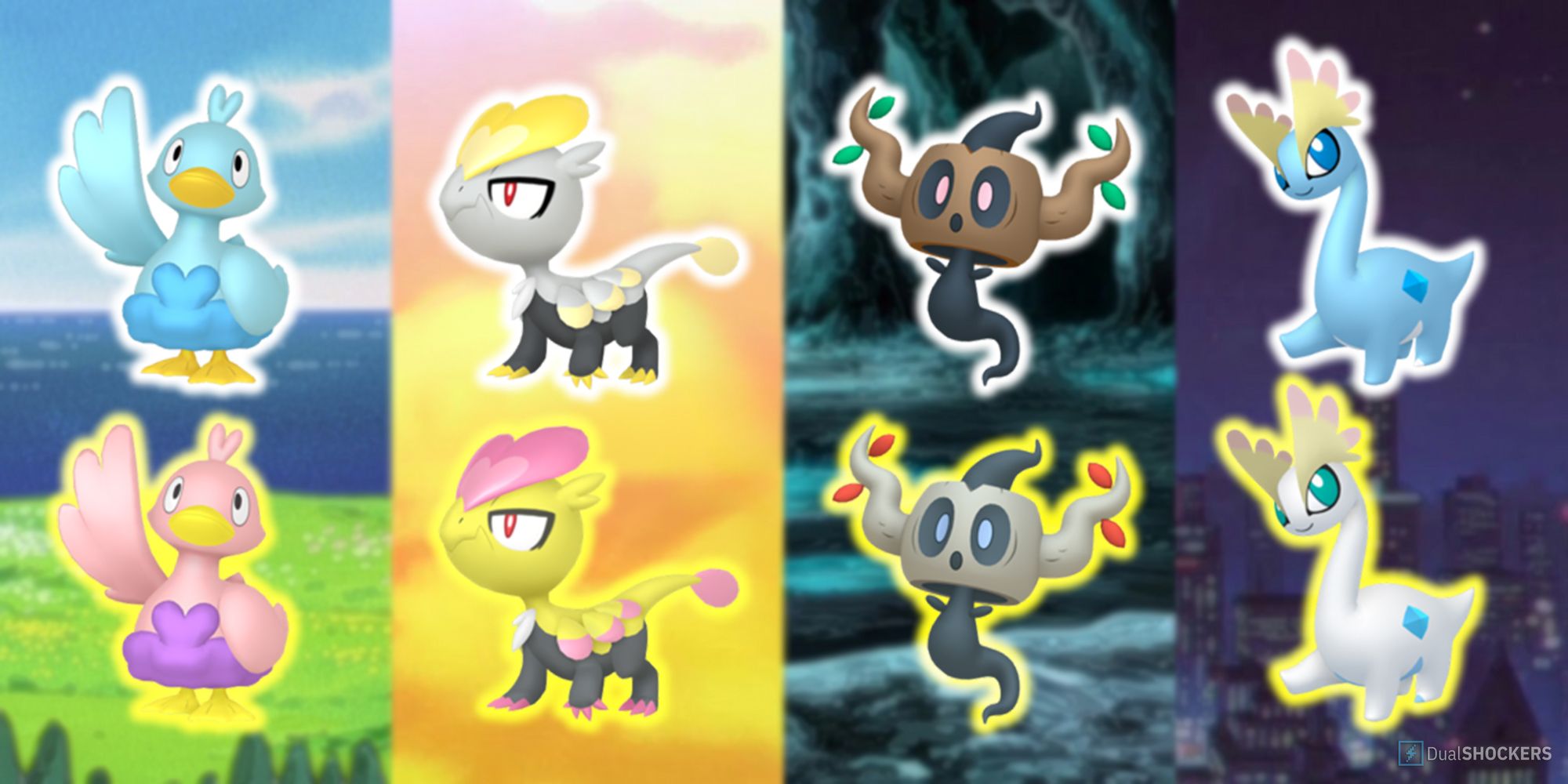 Ducklett, Jangmo-o, Phantump, and Amaura with their shiny forms in Pokemon GO.