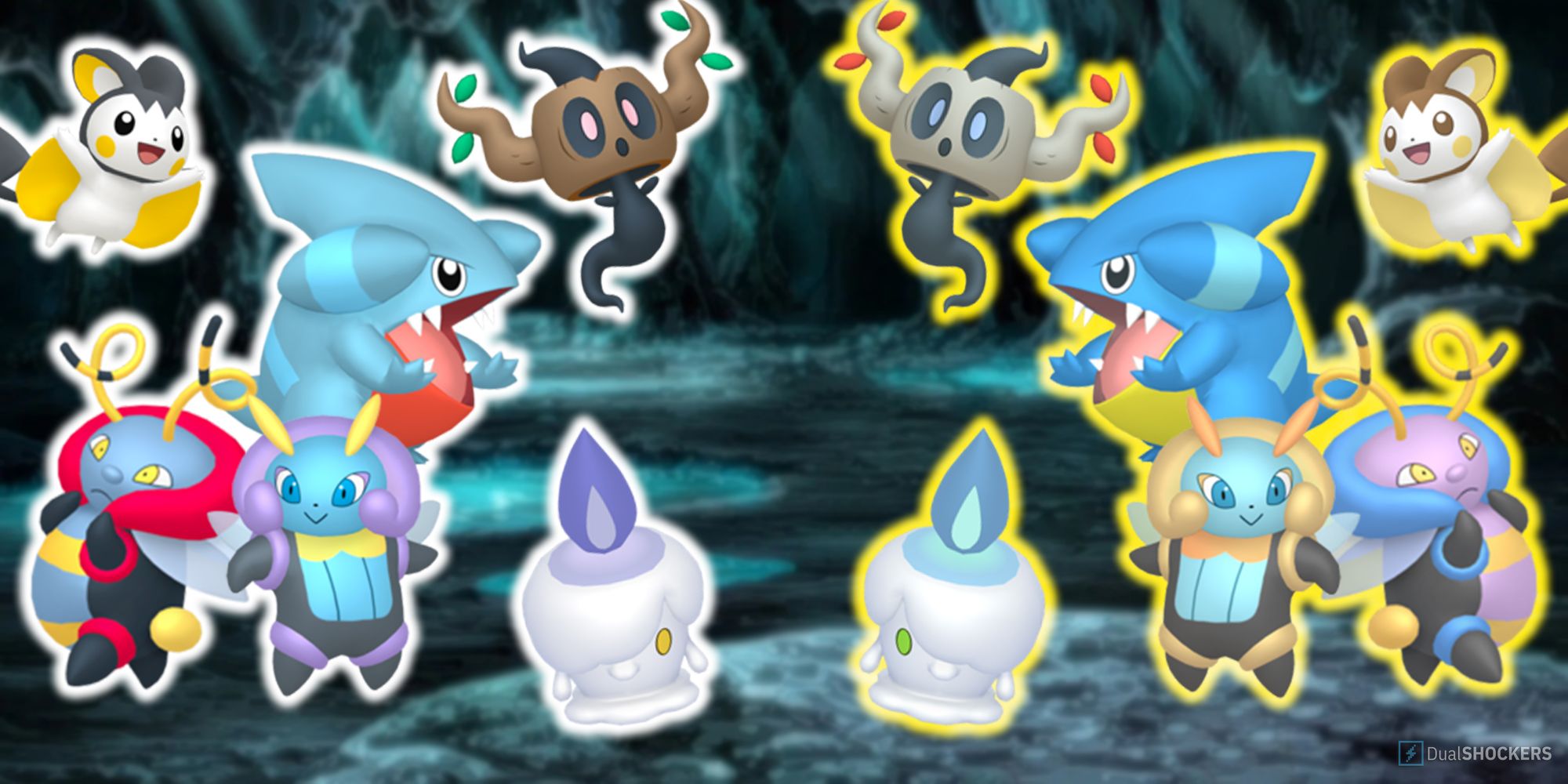 Emolga, Illumise, Volbeat, Gible, Litwick, and Phantump with their shiny forms in Pokemon GO.