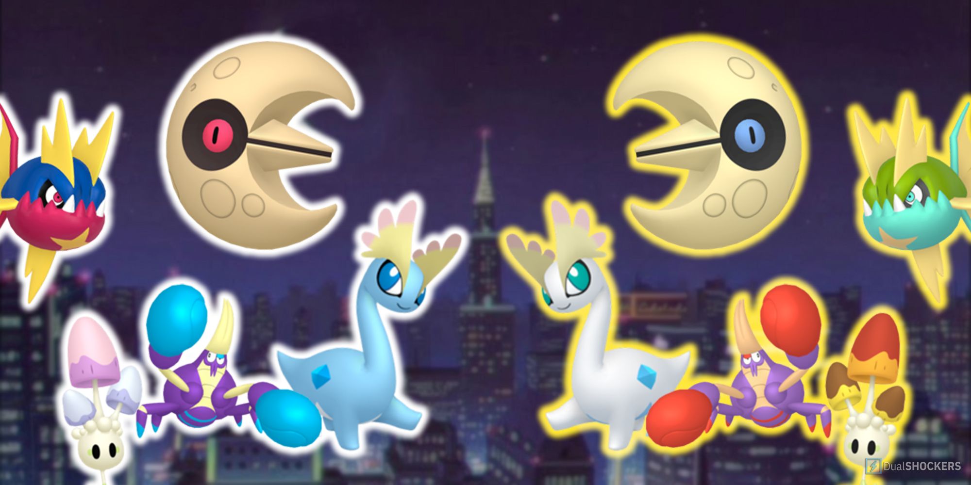 Carnavah, Crabrawler, Amaura, Morelull, and Lunatone with their shiny forms in Pokemon GO.