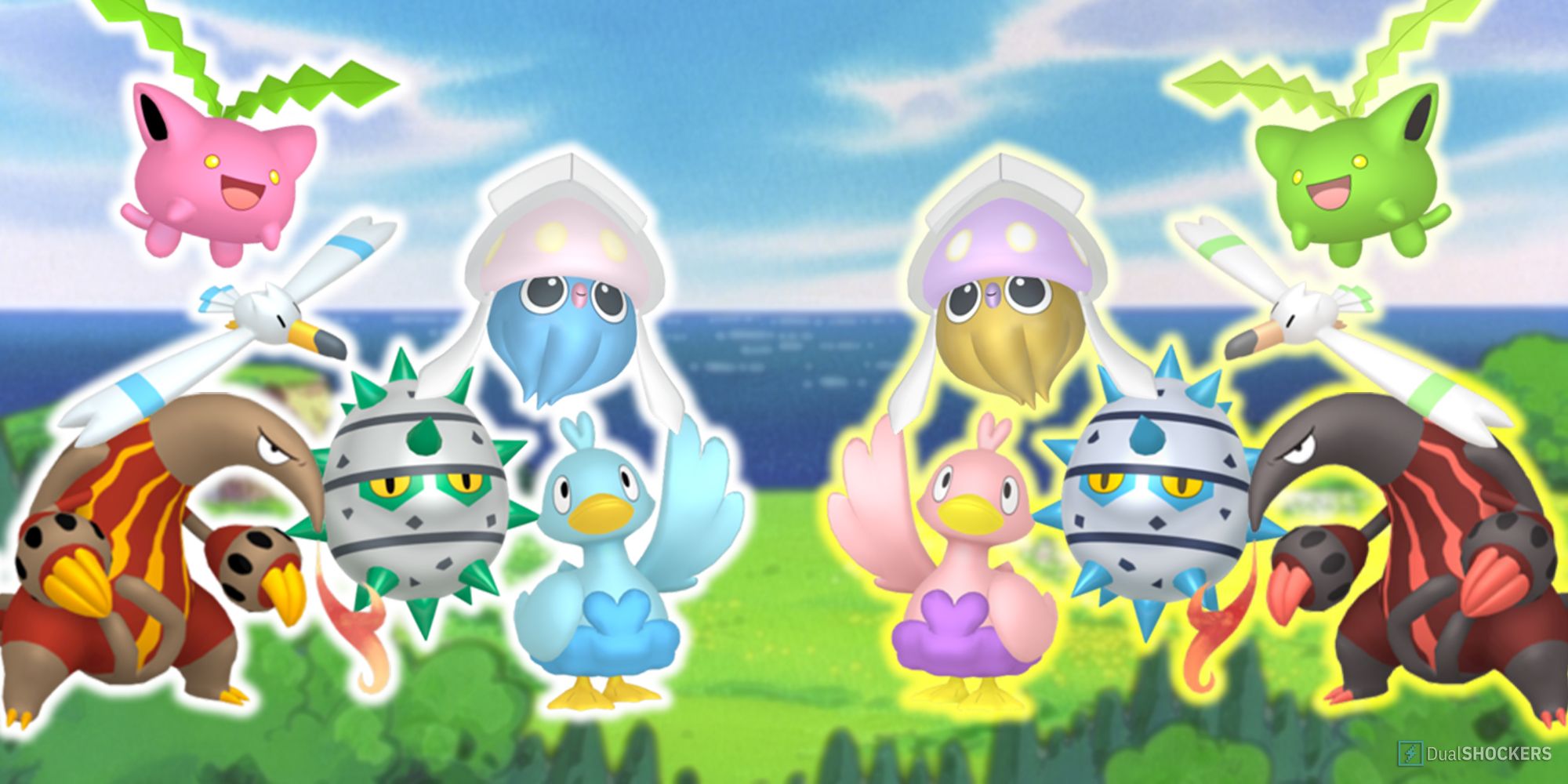 Hoppip, Wingull, Heatmor, Ferroseed, Ducklett, and Inkay with their shiny forms in Pokemon GO.