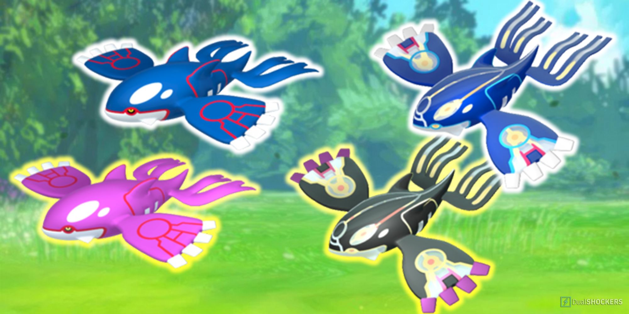 Kyogre and Primal Kyogre with their shiny variants in Pokemon GO.