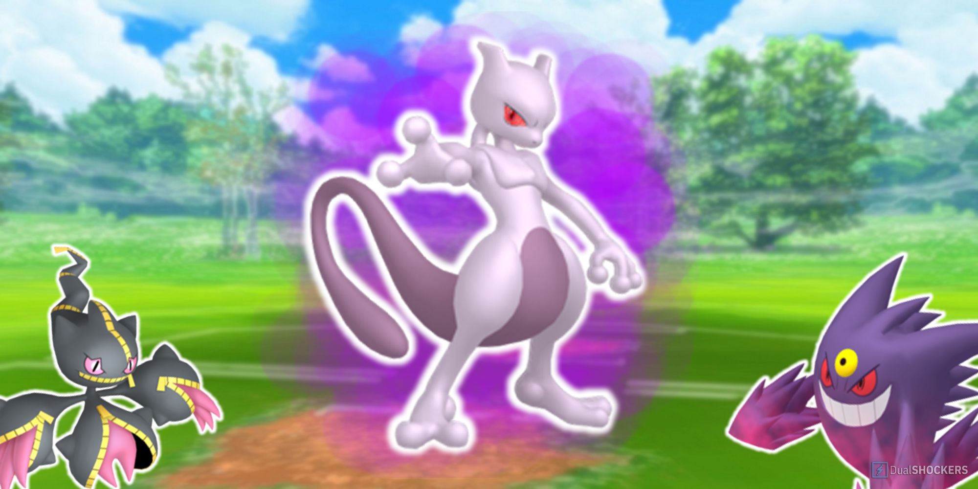 Shadow Mewtwo in Pokemon GO surrounded by Mega Banette and Mega Gengar.