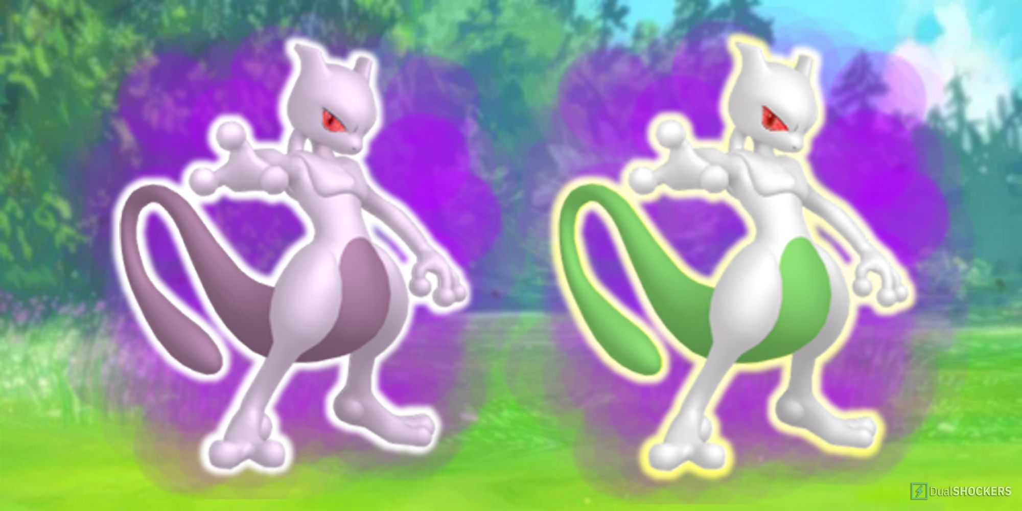 Shadow Mewtwo next to its shiny variant in Pokemon GO.
