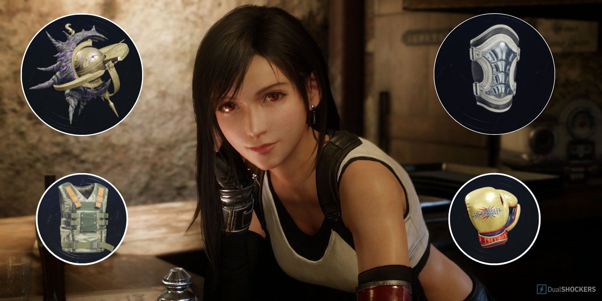 Tifa leaning on a counter surrounded by four accessories