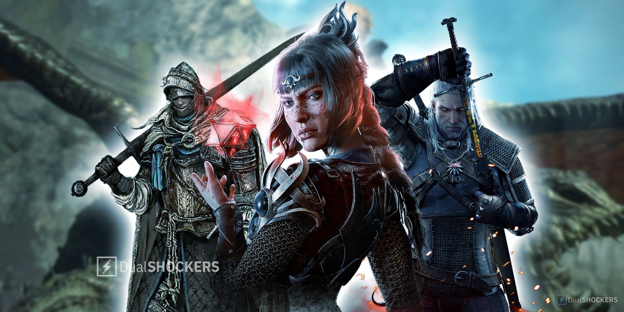 Feature image with armed characters from The Witcher and Elden Ring.