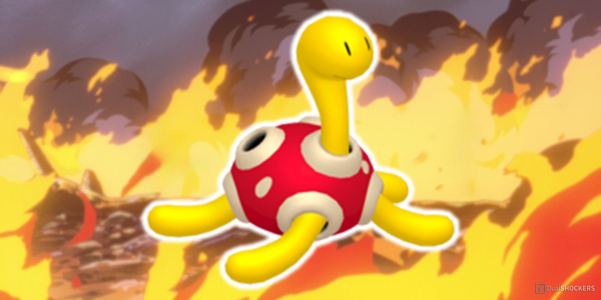 Shuckle in Pokemon surrounded by fire.