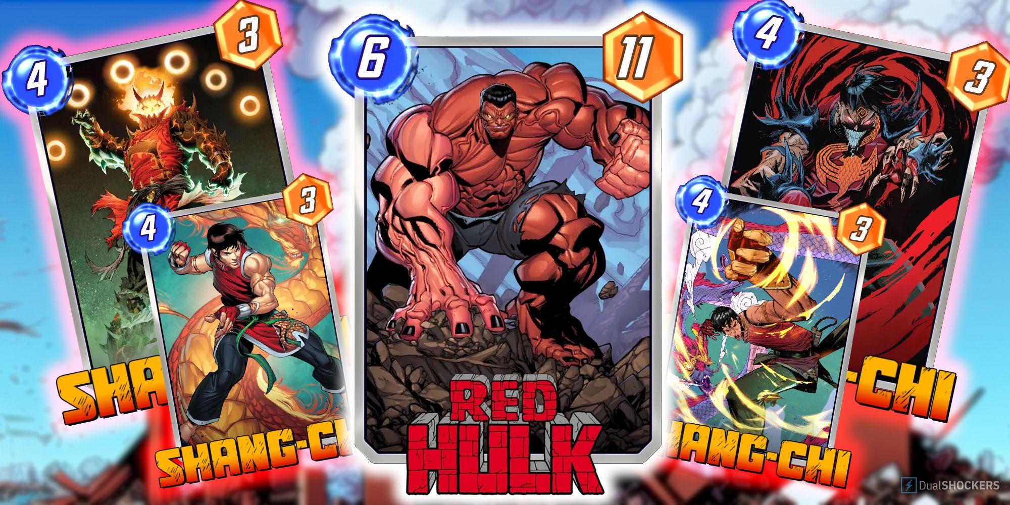 Marvel Snap's Red Hulk card surrounded by Shang-Chi variants.