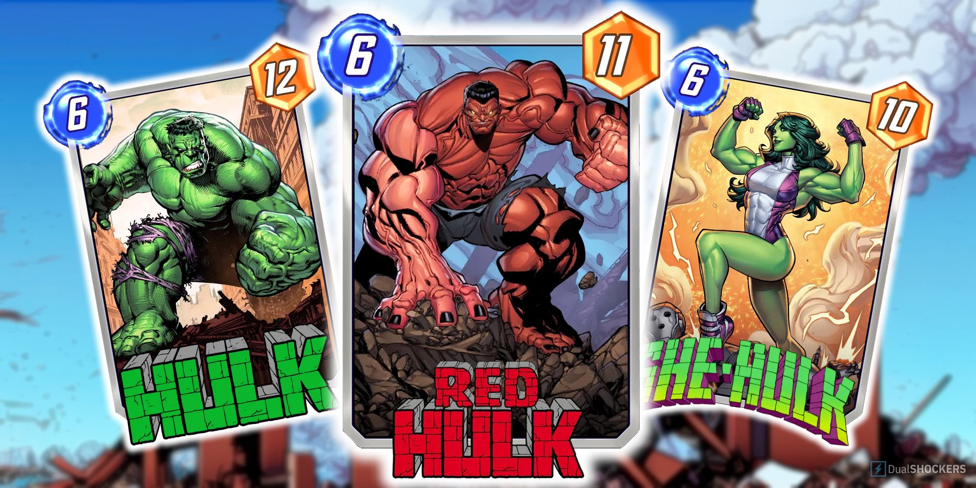 Marvel Snap's Red Hulk card surrounded by Hulk and She-Hulk.