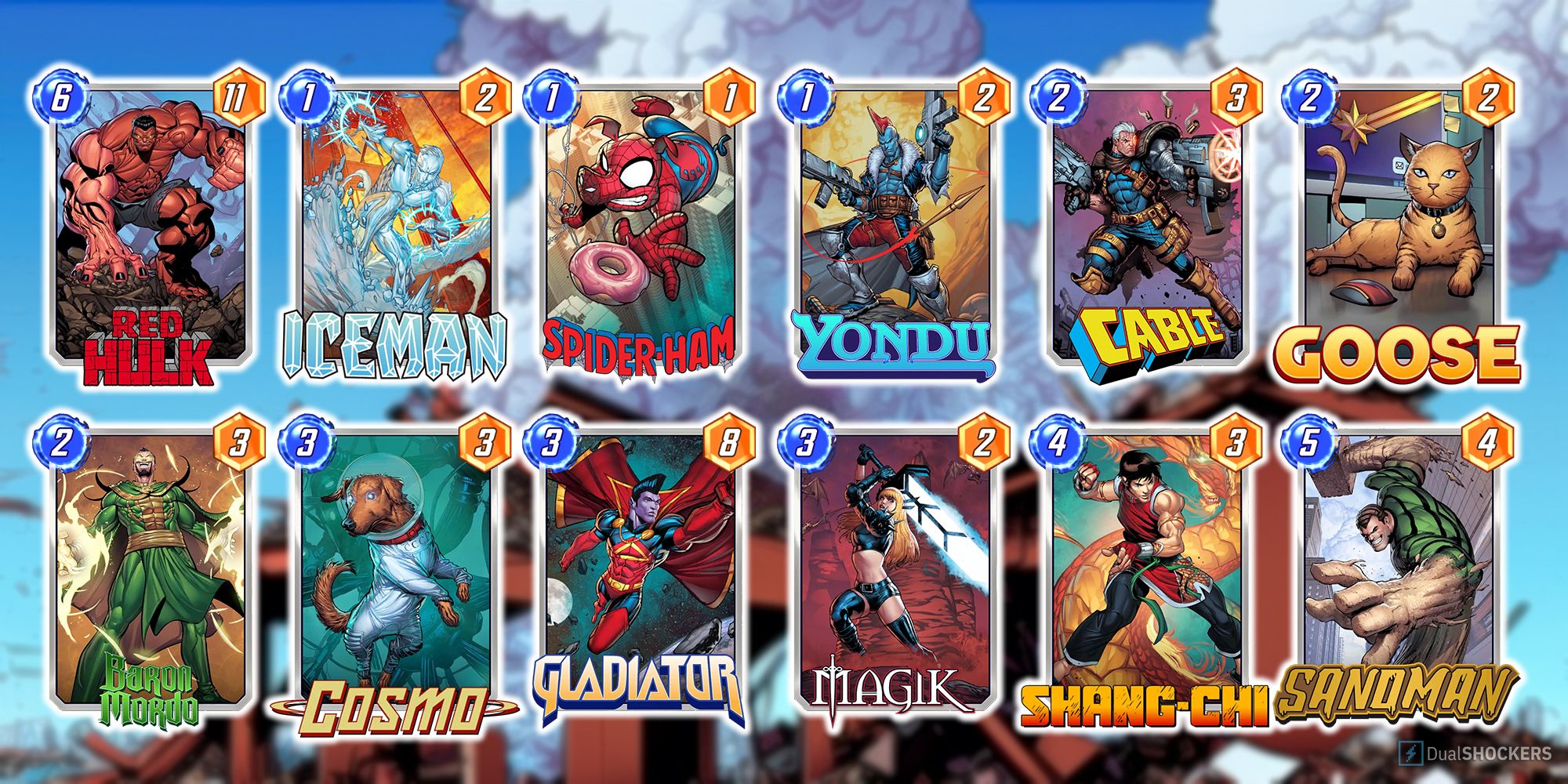 A Marvel Snap deck comprised of Red Hulk, Iceman, Spider-Ham, Yondu, Cable, Goose, Baron Mordo, Cosmo, Gladiator, Magik, Shang-Chi, and Sandman.