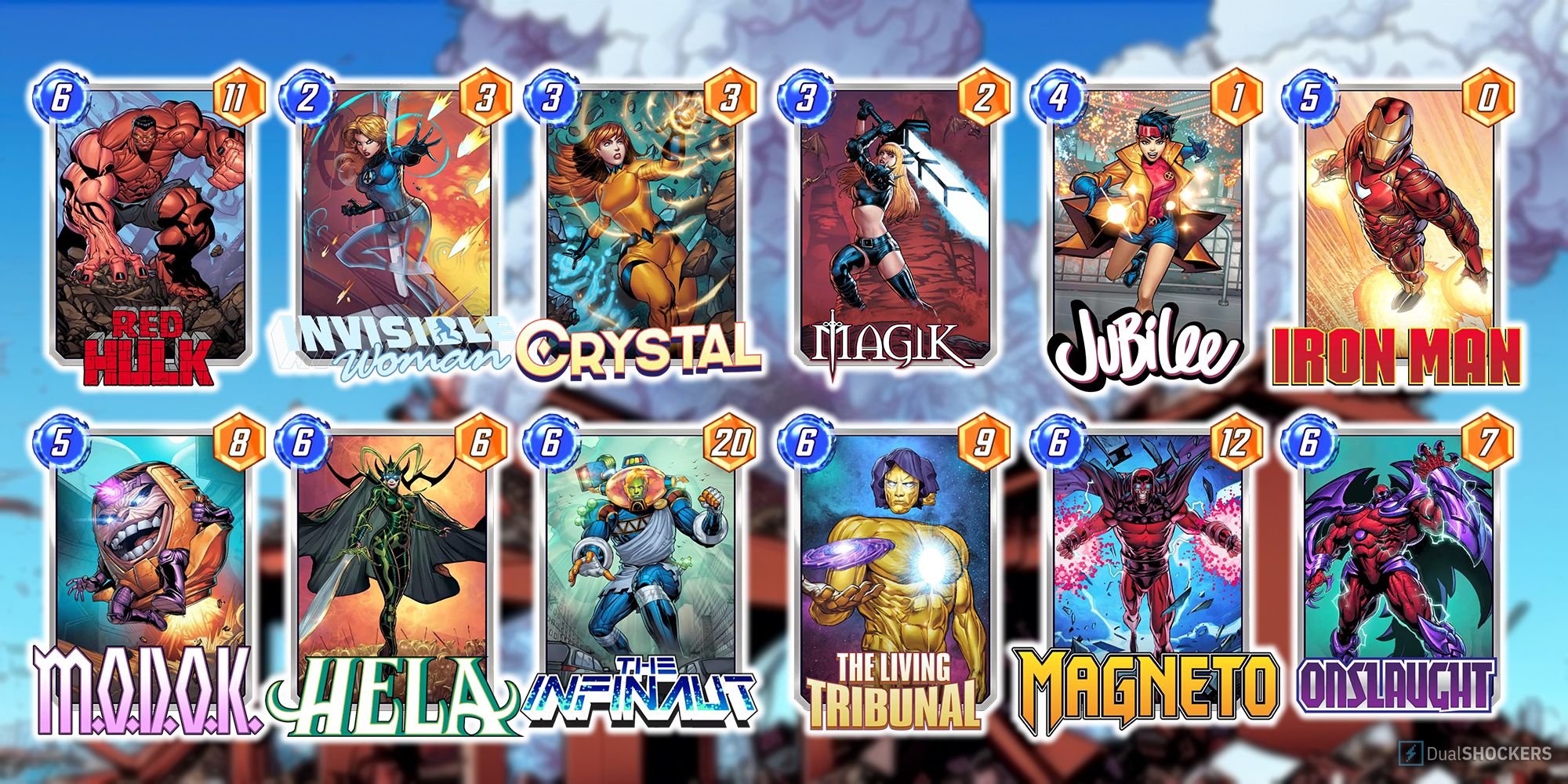 A Marvel Snap deck comprised of Red Hulk, Invisible Woman, Crystal, Magik, Jubilee, Iron Man, M.O.D.O.K., Hela, The Infinaut, The Living Tribunal, Magneto, and Onslaught.