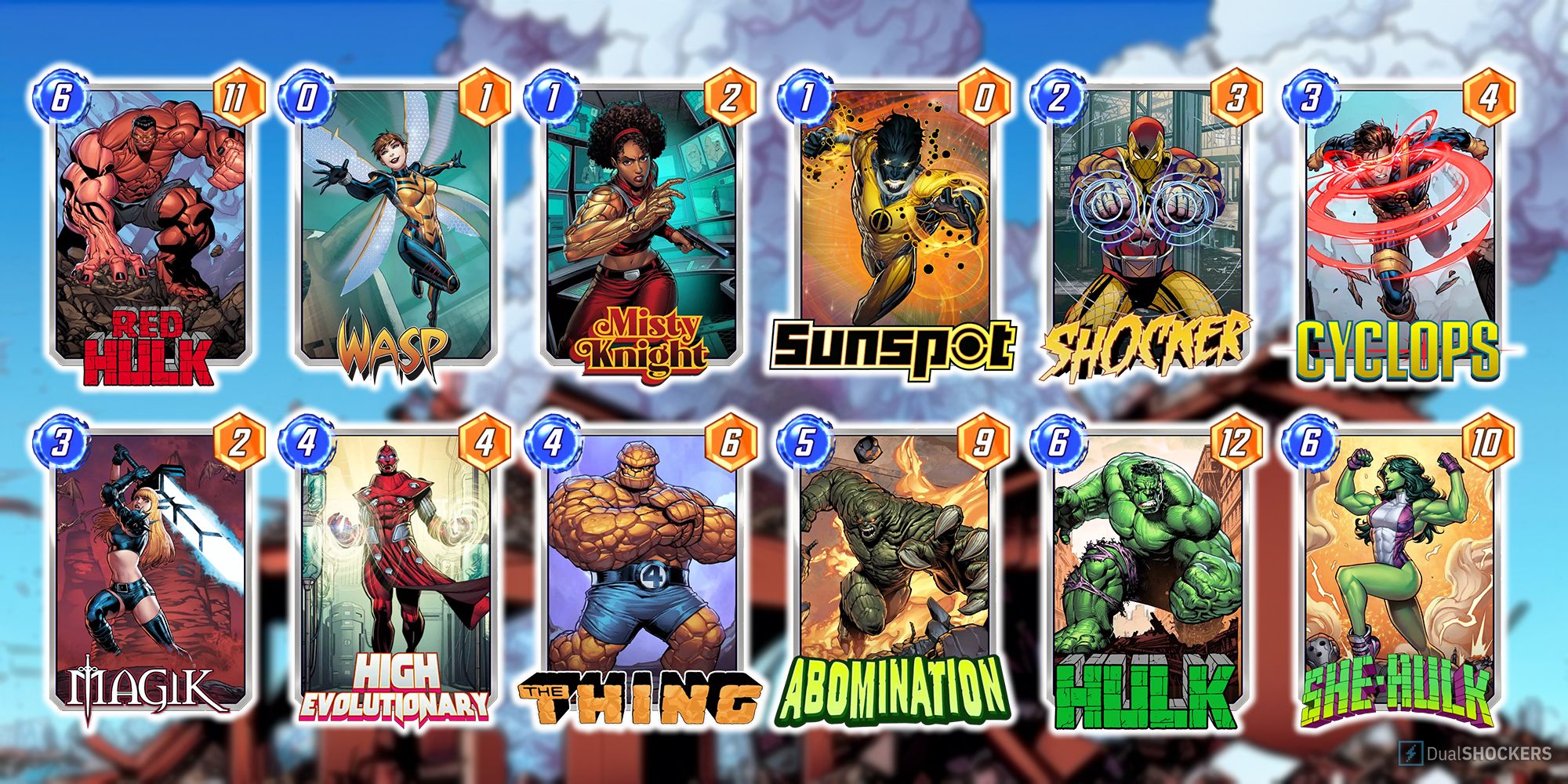 A Marvel Snap deck comprised of Red Hulk, Wasp, Misty Knight, Sunspot, Shocker, Cyclops, Magik, High Evolutionary, The Thing, Abomination, Hulk, and She-Hulk.