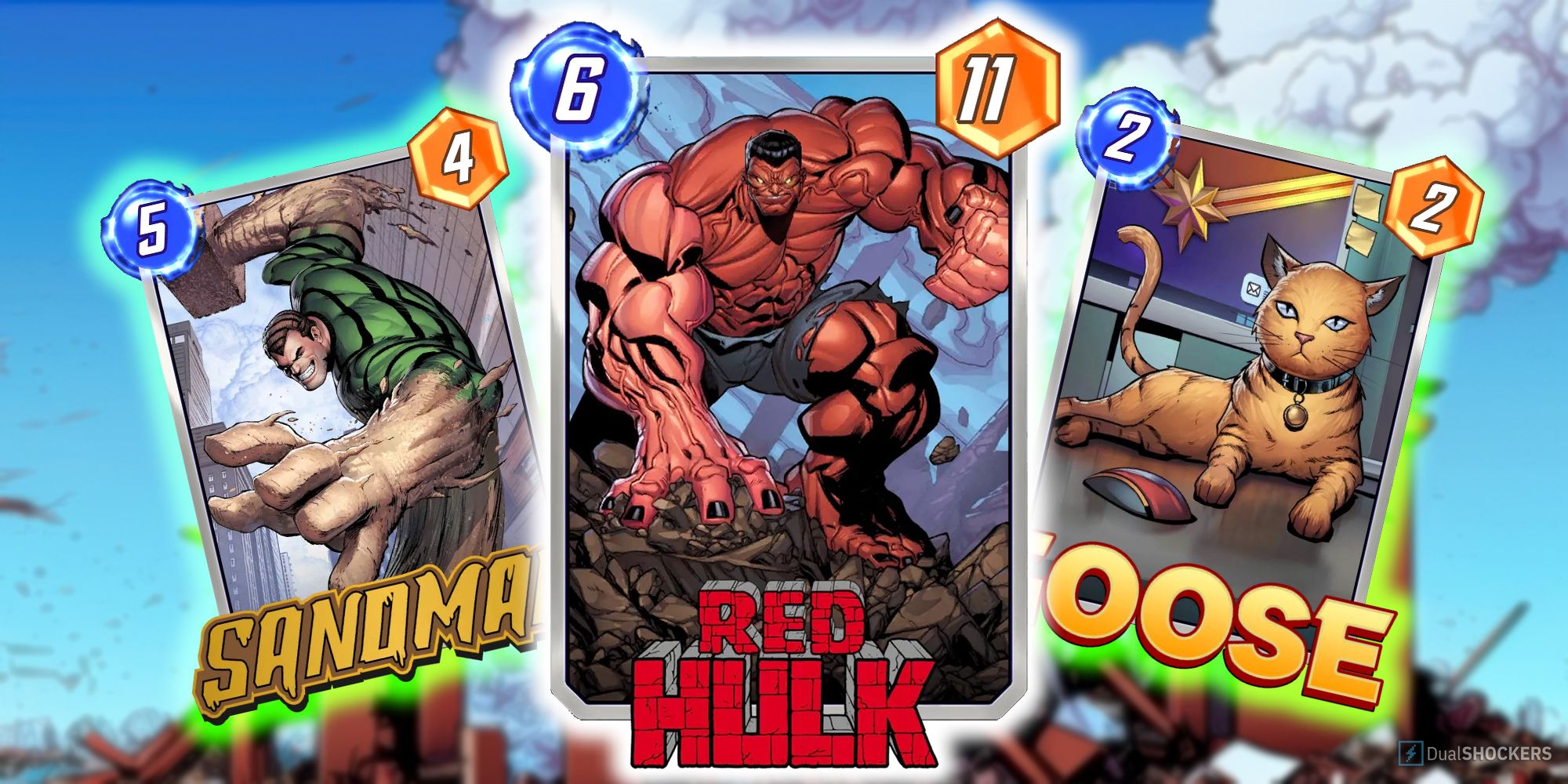 Marvel Snap's Red Hulk card surrounded by Sandman and Goose.