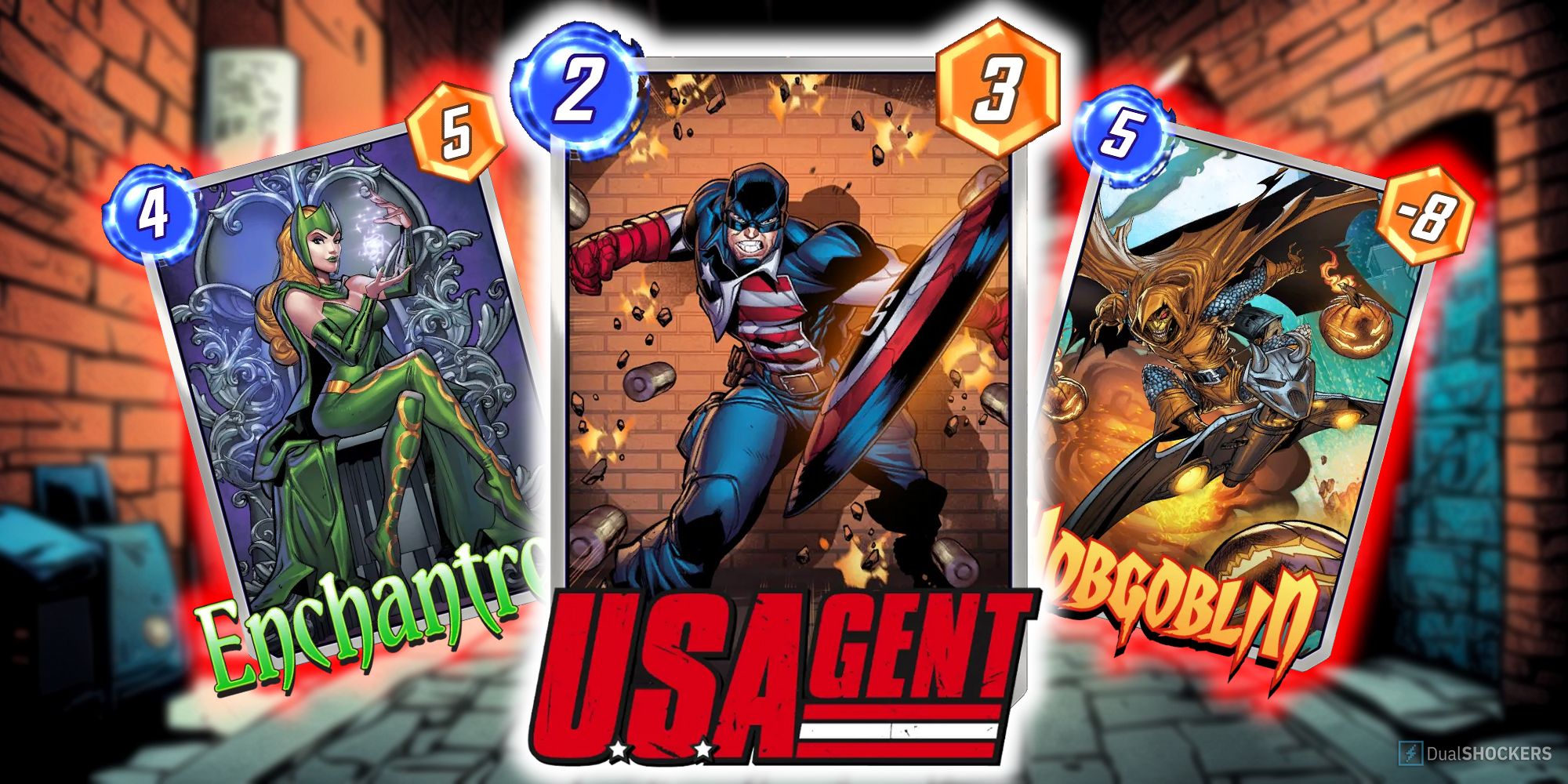 Marvel Snap's U.S. Agent card surrounded by Enchantress and Hobgoblin.