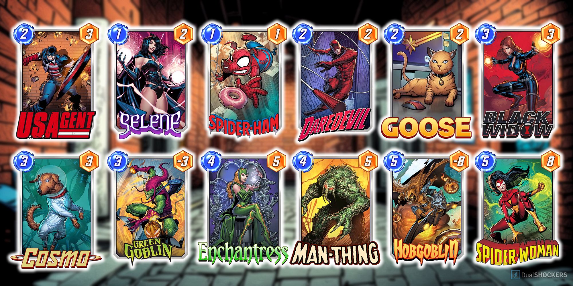 Marvel Snap deck comprised of U.S. Agent, Selene, Spider-Ham, Daredevil, Goose, Black Widow, Cosmo, Green Goblin, Enchantress, Man-Thing, Hobgoblin, and Spider-Woman.