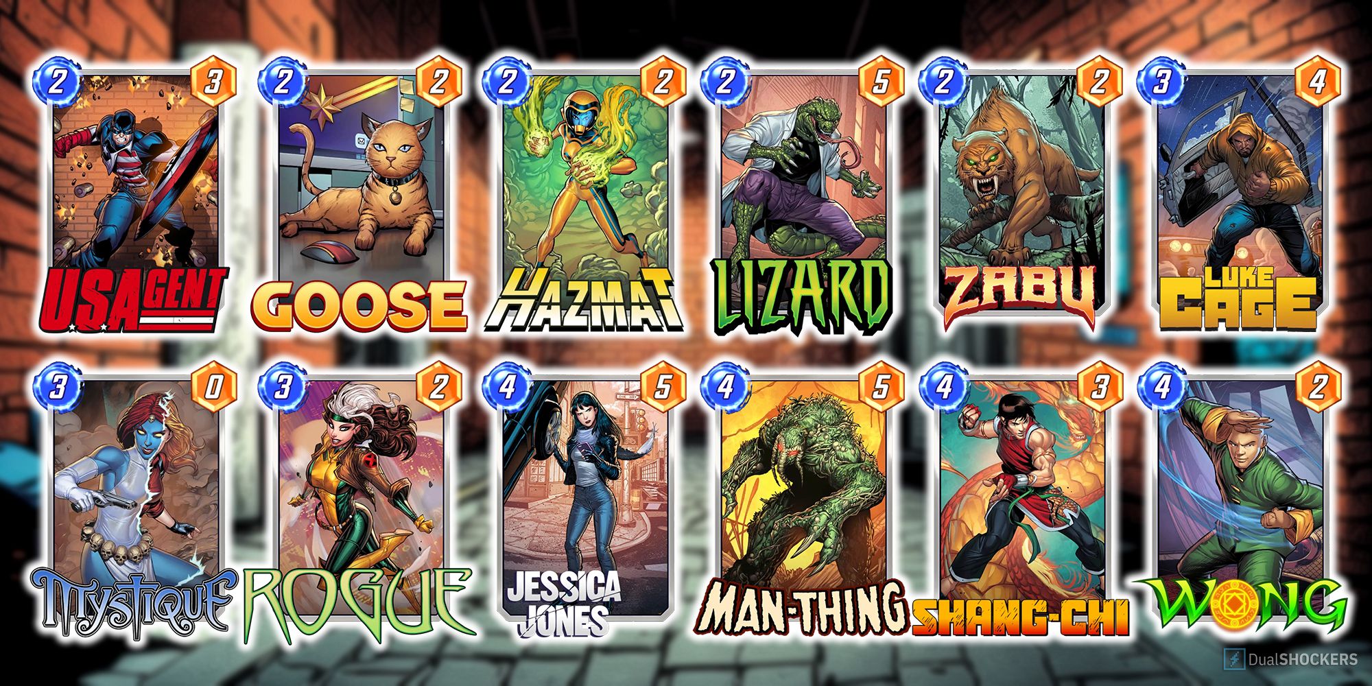 Marvel Snap deck comprised of U.S. Agent, Goose, Hazmat, Lizard, Zabu, Luke Cage, Mystique, Rogue, Jessica Jones, Man-Thing, Shang-Chi, and Wong.