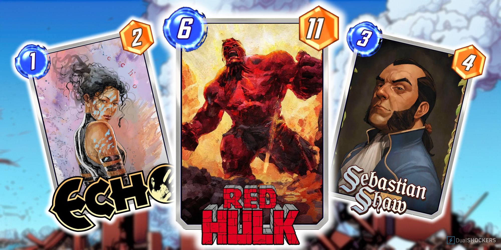 Marvel Snap's Red Hulk card surrounded by Echo and Sebastian Shaw.