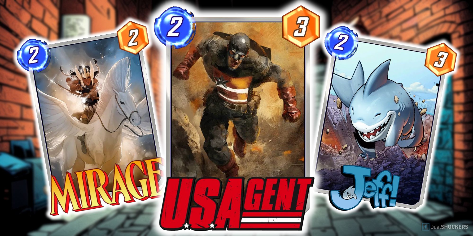Marvel Snap's U.S. Agent card surrounded by Mirage and Jeff variants.