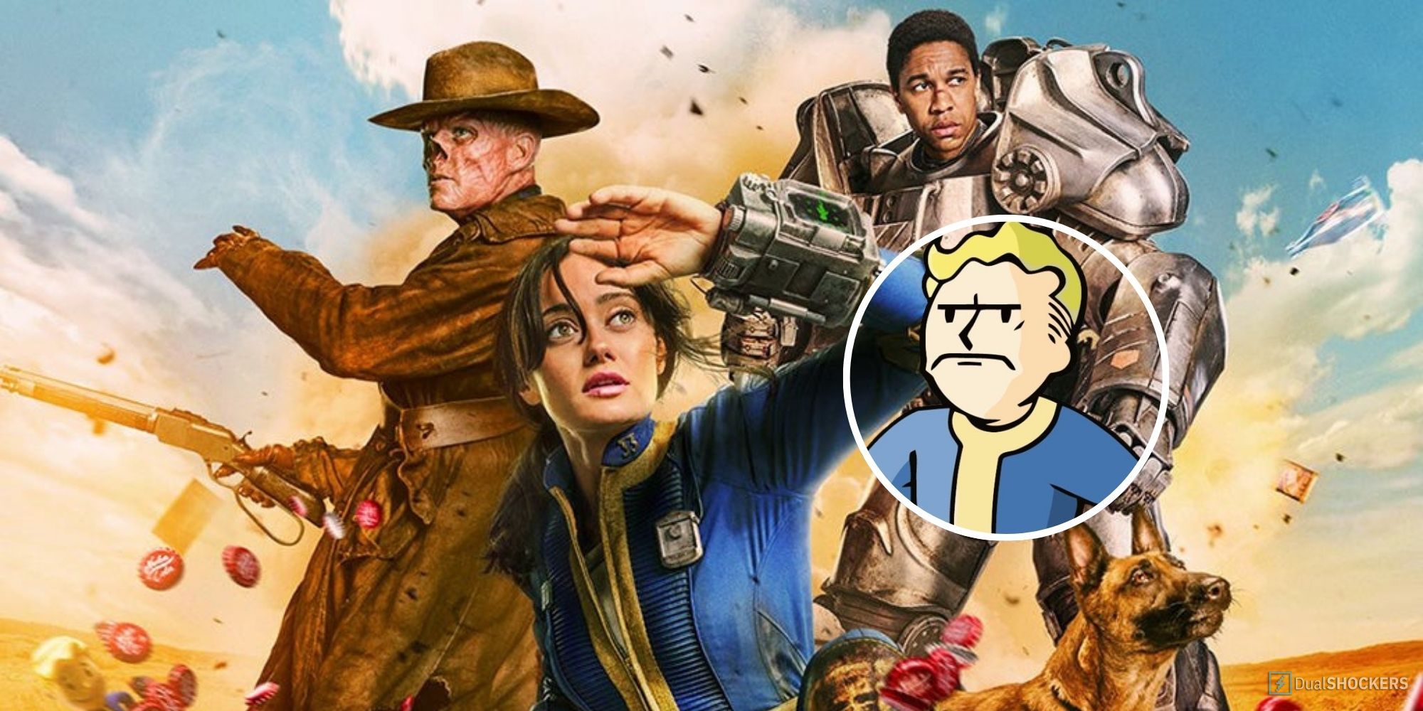 Promotional banner from Fallout with Lucy, Maximus, and the Ghoul next to an angry Vault Boy.