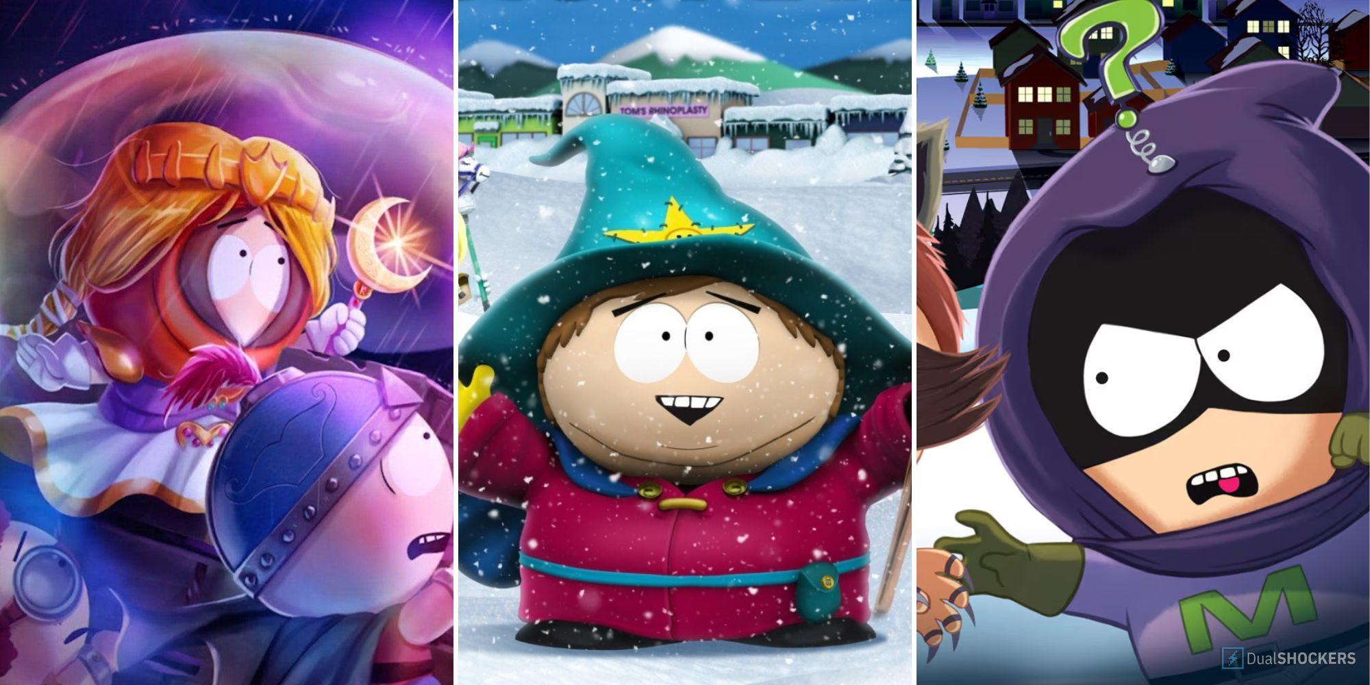 Split image of Kenny and Stan from Phone Destroyer, Cartman from Snow Day!, and a masked character from The Fractured But Whole.