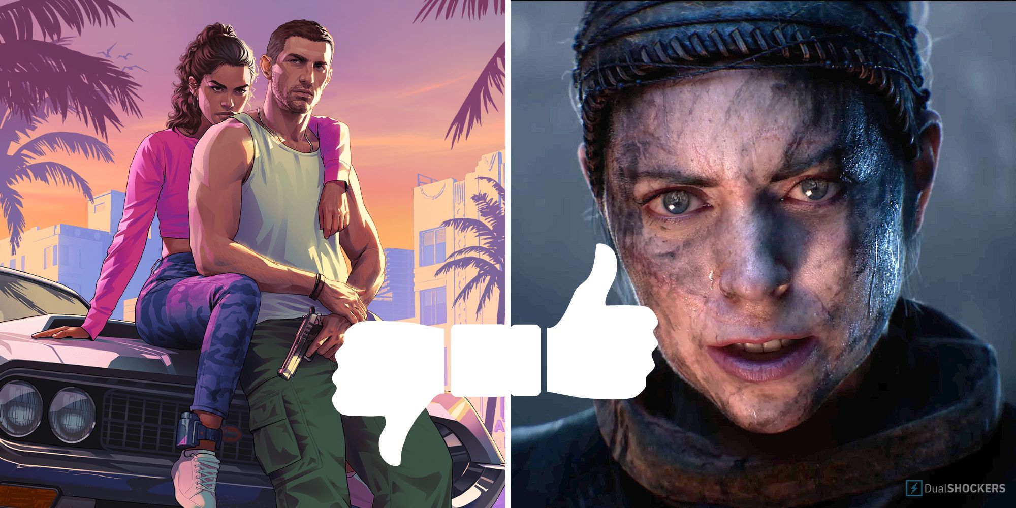 Split image of Senua's face from Senua's Saga: Hellblade 2 and the protagonists from Grand Theft Auto 6 with two white thumbs in the middle.