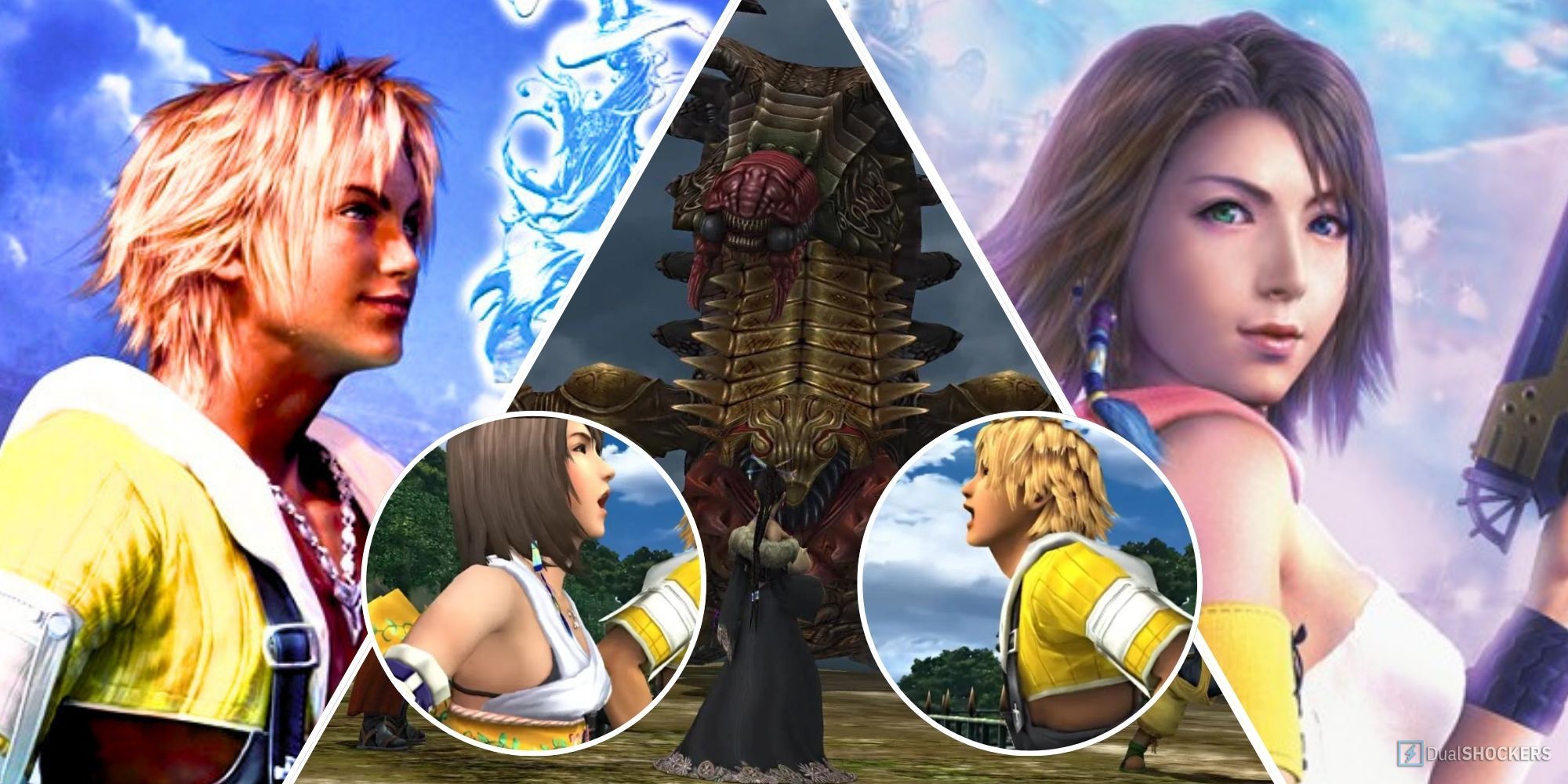 Split image from Final Fantasy X of Tidus and Yuna either side of a Sinspawn.