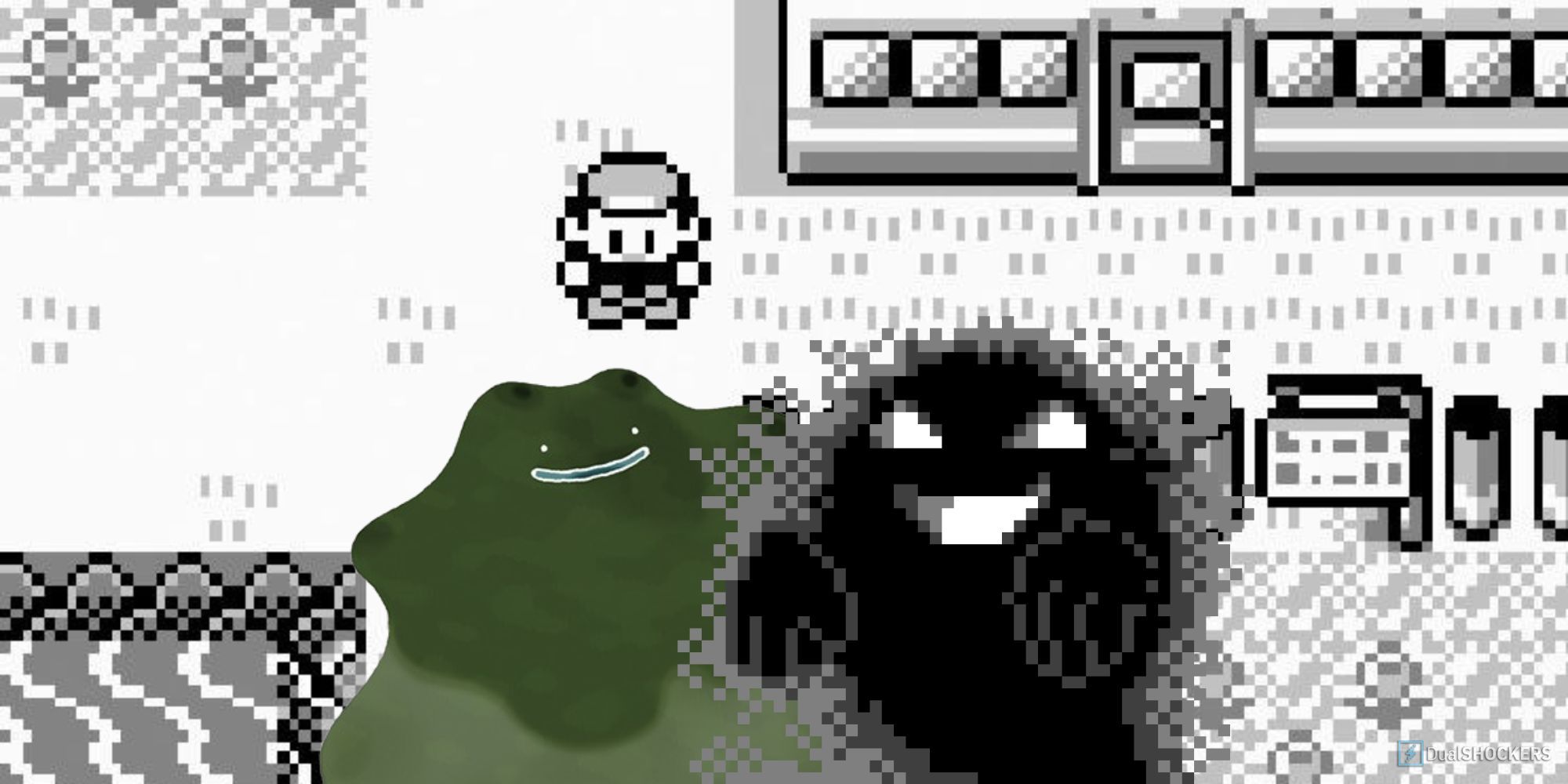 Screenshot from Pokemon Red of an 8-bit Ash behind the Lavender Town ghost and an inverted Ditto.