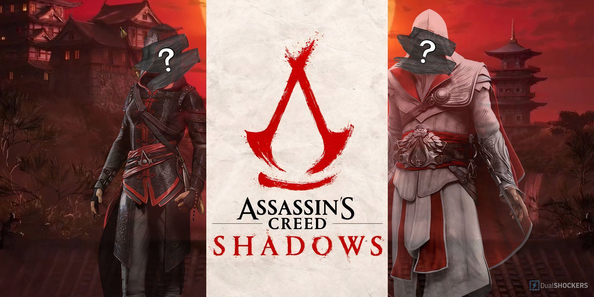 Feature image showing the Assassin's Creed Shadows logo in between two protagonists with their faces blurred out with question marks.