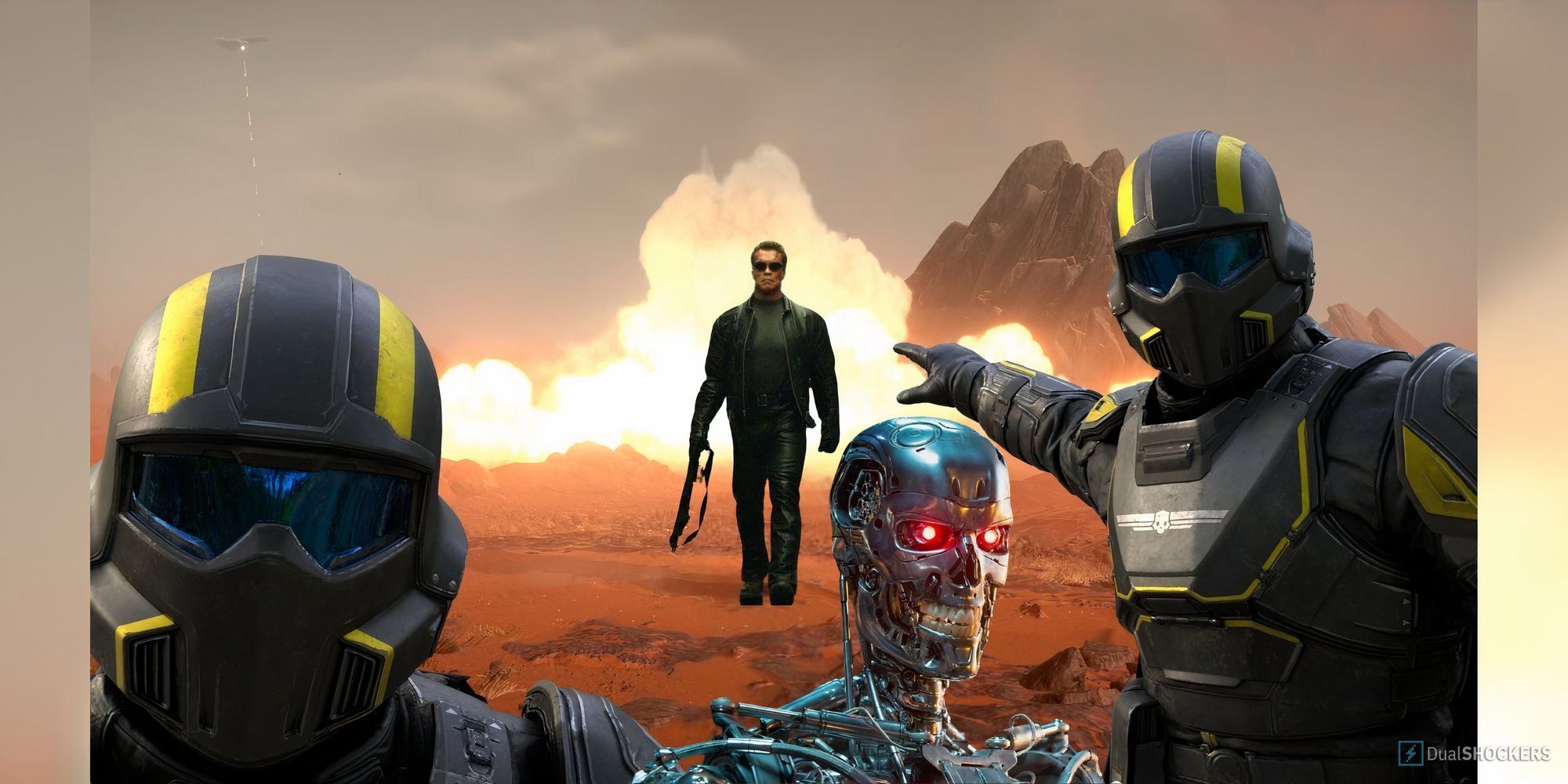 Feature image with two Helldivers from Helldivers 2 pointing at Arnold Schwarzenegger as the Terminator with another robot in the foreground.