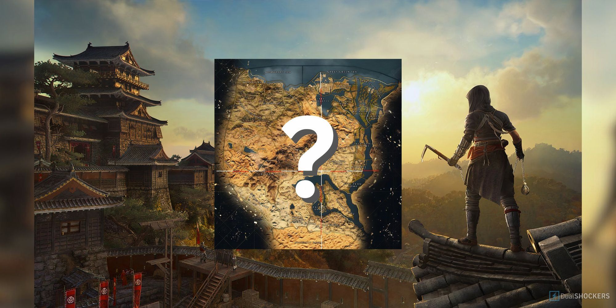 Feature image of Naoe from Assassin's Creed Shadows looking out over Japan from a rooftop and the Assassin's Creed Origins map in the middle with a question mark.