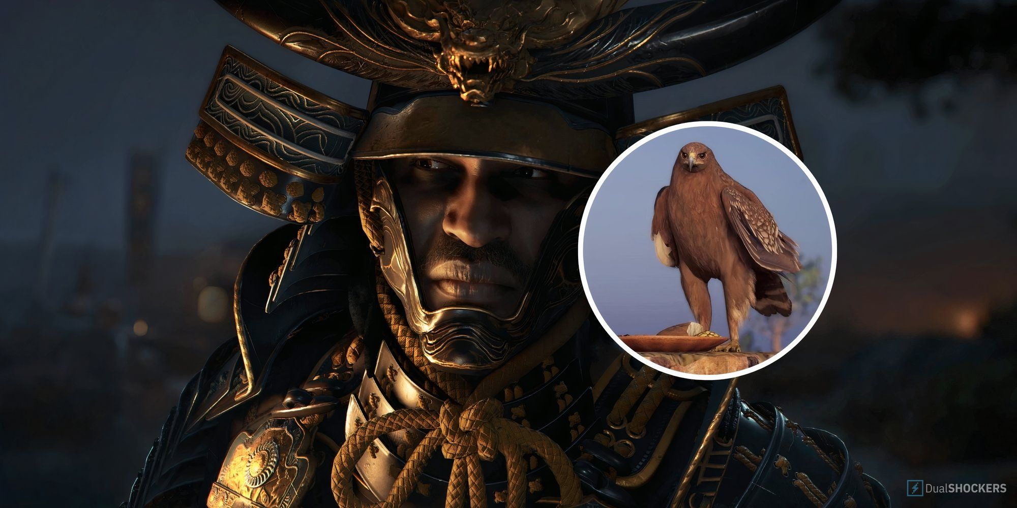 Feature image with Yasuke in his samurai gear and a circle image of a brown eagle from the franchise.