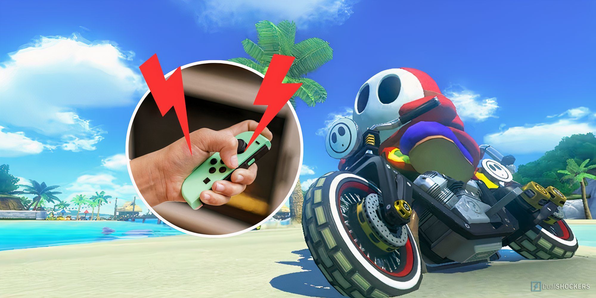 Feature image with Shy Guy from Mario Kart 8 on a bike riding along the beach next to a circle image of a hand holding a Joy-Con.
