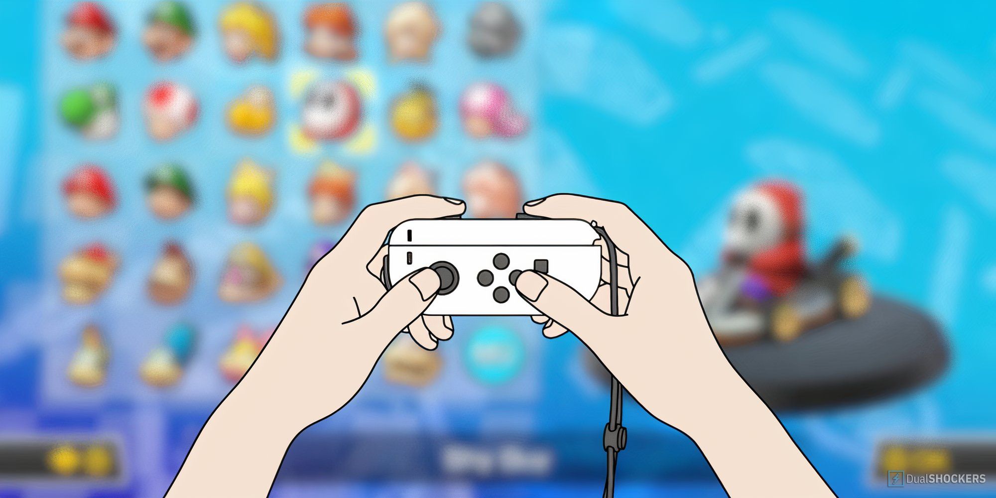 Feature image with a Nintendo Switch Joy-Con Holding Diagram on a blurred background of the Shy Guy selection screen in Mario Kart 8.