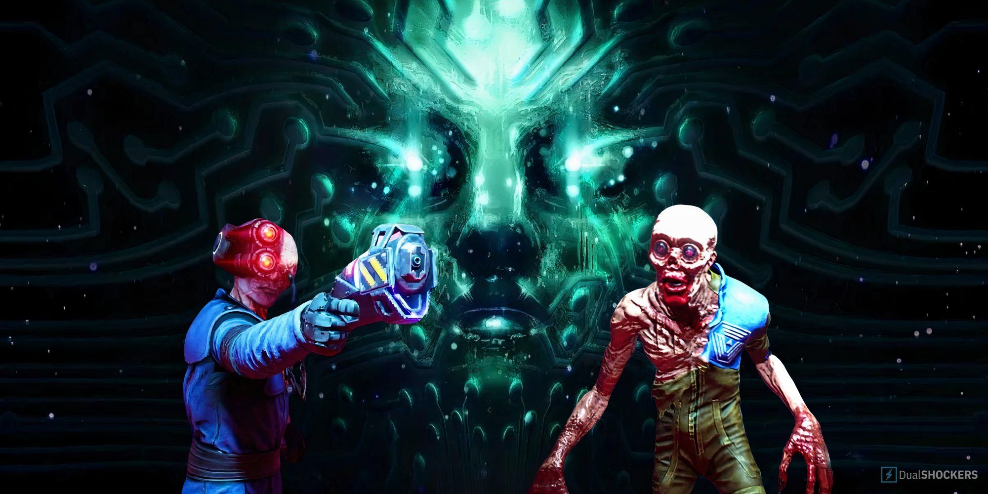 Promotional image from System Shock showing a green A.I. face with the protagonist and an alien on either side.