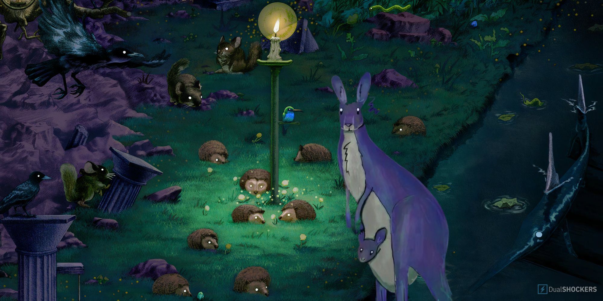 Promotional image from Animal Well with hedgehogs and a kangaroo.