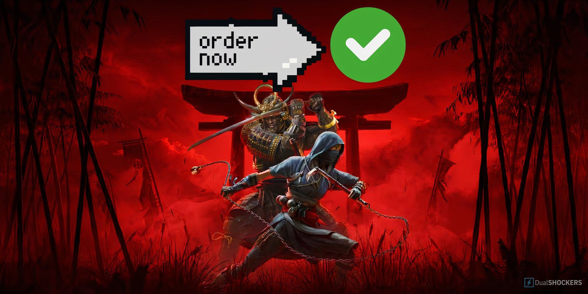 Promotional image of Yasuke and Naoe from Assassin's Creed Shadows with an Order Now and Green Tick sticker.