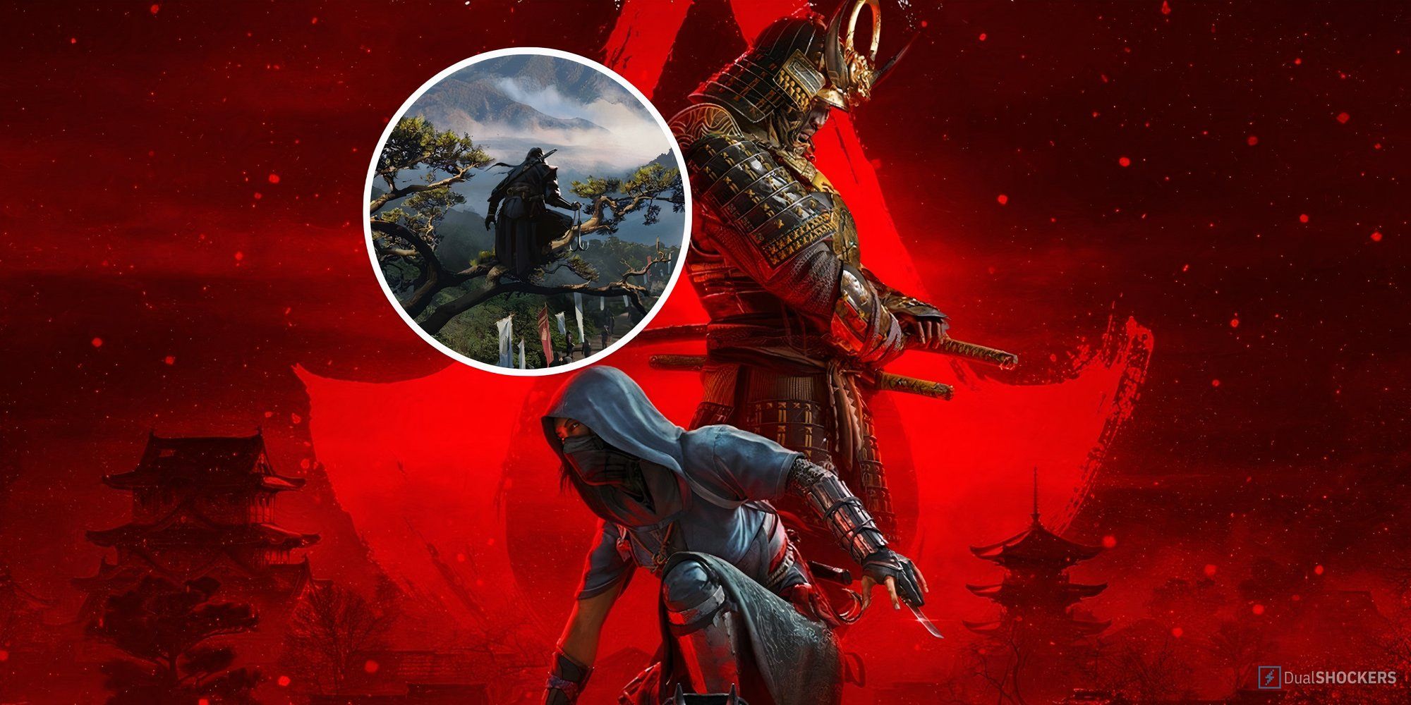 Promotional still from Assassin's Creed Shadows of Yasuke and Naoe and a circle image of an assassin crouching in the trees.