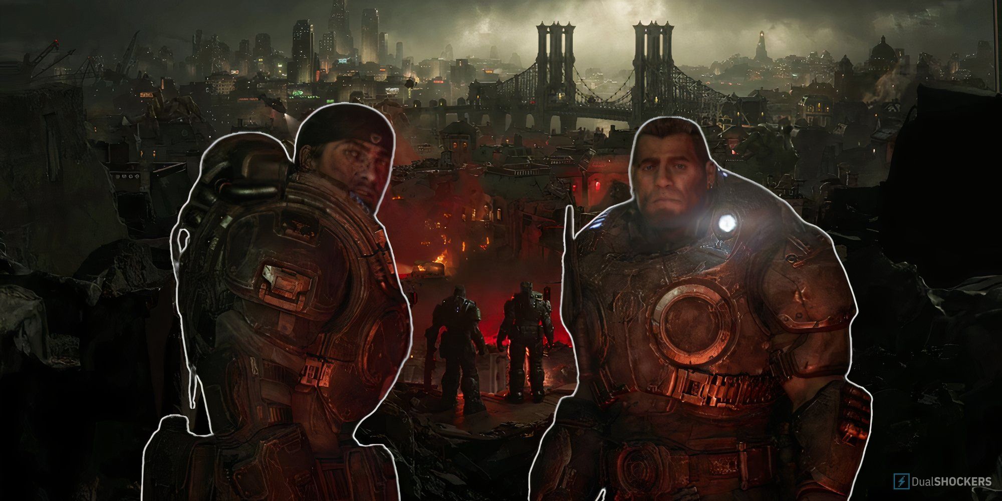 Still from the Gears of War: E-Day trailer of Marcus & Dom looking over the city's locus invasion with two images of the characters side by side.